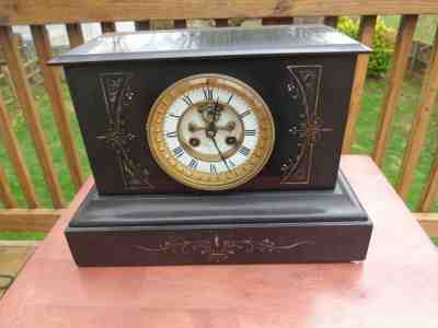 Antique Black Marble Slate Mantle Clock French William Senter Open Escapement 