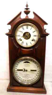 1885 Ithaca Walnut Perpetual Double Dial Calendar Shelf Clock