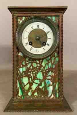 Antique TIFFANY French BRONZE Green SLAG GLASS Old SAMUEL MARTI H&H Mantel CLOCK
