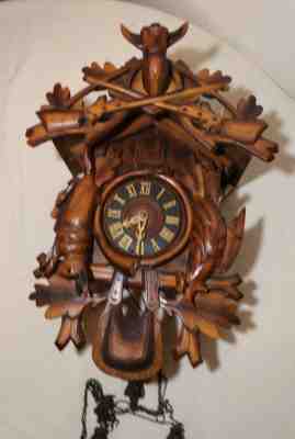 vintage hand carved wood German wall figural game deer bird cukoo clock