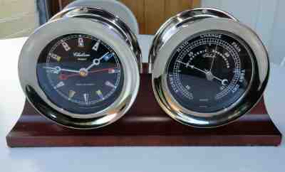 Chelsea Newport 4.5" Carbon Fiber Flag Nautical Clock Barometer Wood Base Nickel