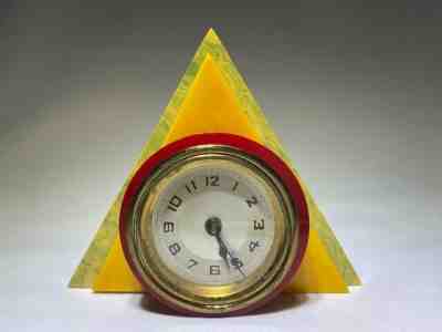 Art Deco Triangle Catalin Yellow Red Green Marble Clock 
