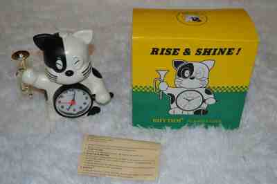 Vintage Rhythm Japan Clock Black White cat rise and shine w/ Trumpet Box Papers