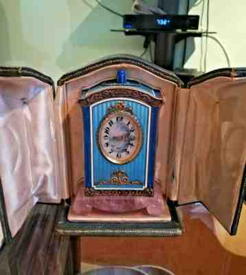 Swiss Geneva Co. Silver Guilloche Enamel Travel Mantel Carriage Clock Circa 1920