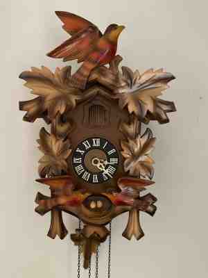 VINTAGE CUCKOO CLOCK WITH BIRDS, LEAVES & NEST W EGGS, MADE IN GERMANY