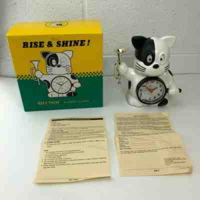 Vintage Rhythm Japan Clock Black White cat rise and shine w/ Trumpet NEW in box 