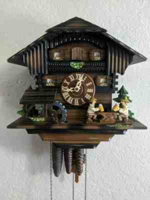 KUNER GERMAN ANIMATED BEER DRINKERS MUSICAL CUCKOO CLOCK WITH MOVING WATERWHEEL
