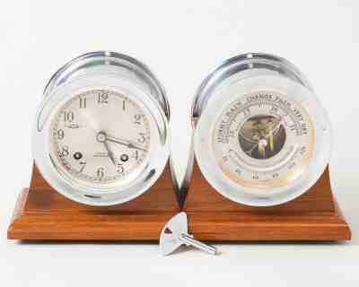 Vintage 1960s Chelsea Nickel Ship's Bell Clock & Barometer Set in Mahogany Stand