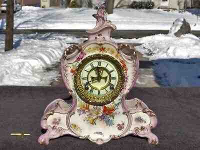 Antique Ansonia Bonn Open Escapement Lavender Porcelain China Shelf Mantle Clock