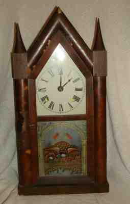 Antique ELISHA MANROSS  Steeple Clock-with Eagle & Flag Glass Patriotic