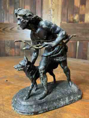 A30 Antique Sculpture Spelter Hunting Indian Clock Top N.M.S NY SIGNED