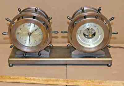 Antique Chelsea Telechron Electric Bronze Clock & Barometer Set