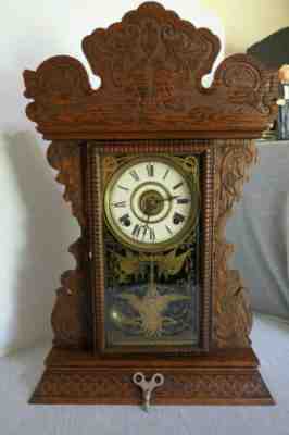 Antique 1800's Welsh Gingerbread Oak Carved Alarm 8 Day Mantle Clock w Key Works
