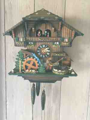 Vintage German Cuckoo Clock, Chalet with Fisherman (Romance, Swiss Made)