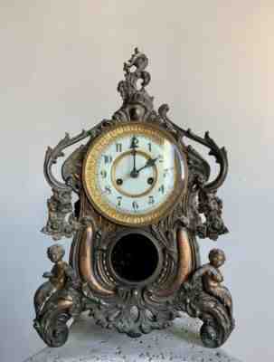 ANTIQUE 1800'S WATERBURY CAST BRASS WOOD MANTLE WALL CLOCK MODEL "LOUIS" FRENCH