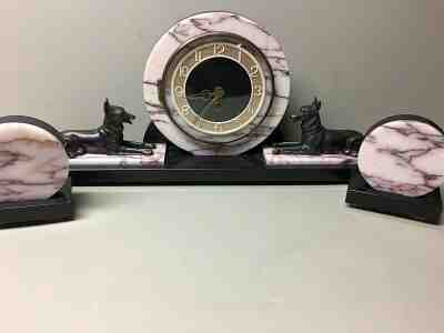 Marble ART DECO Mantle Clock Garniture Set W/German Shepherds Marked B O B!