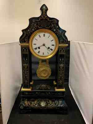 Antique French Portico NAPOLEON III Mantel Clock Inlaid Brass & Mother of Pearl