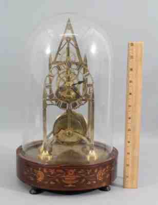 Antique English Brass Skeleton Fusee Clock Glass Dome Marquetry Inlaid Base