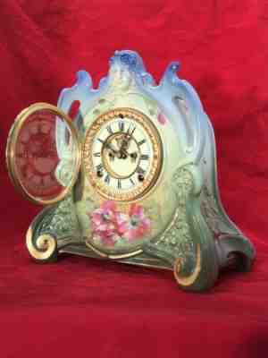 VINTAGE ANTIQUE 1882 PORCELAIN USA ANSONIA KEYWOUND CLOCK PENDULUM GERMANY CASE