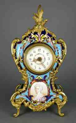 Fine Antique French Louis XV Style Gilt Bronze Champleve Enamel Mantle Clock