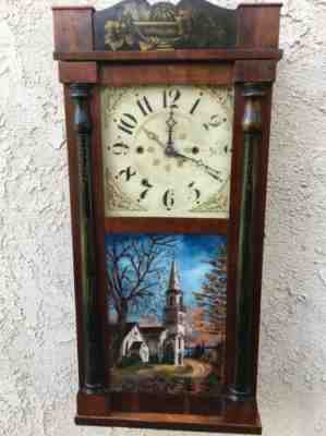 RARE ANTIQUE 1833 LAWYER BYINGTON IMPROVED WOOD WORKS  WALL MAHOGANY CLOCK