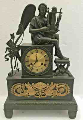Antique 1825 Freach Bronze Statue Silk Thread Mantel Clock