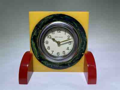 Vintage New Haven Catalin Green Marble, Yellow, Red Art Deco Clock 