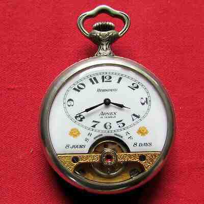 Antique Hebdomas 8 Day Pocket Watch, Bas Relief Huguenin Style Hunting Scene 134