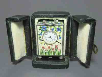Antique STERLING SILVER & GUILLOCHE ENAMEL Sub Miniature CLOCK w/Orig Case NICE!