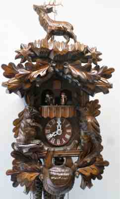 BREATHTAKING RARE BLACK FOREST HUNTERS 2 TUNE MUSIC DANCERS DEER CUCKOO CLOCK!
