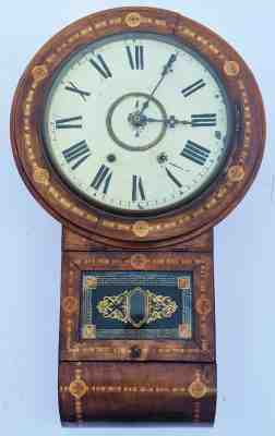 ANTIQUE 19th C ANGLO AMERICAN Carved & Inlaid WOOD WALL CLOCK by GEROME CHANCEY