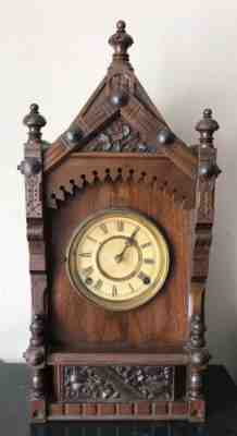ANTIQUE 1874  F. KROEBER WOOD CABINET MANTLE CLOCK