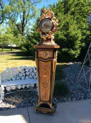 Auguste Moreau Italy Ormolu Mounted Inlaid Cherub Grandfather Clock 83” Tall