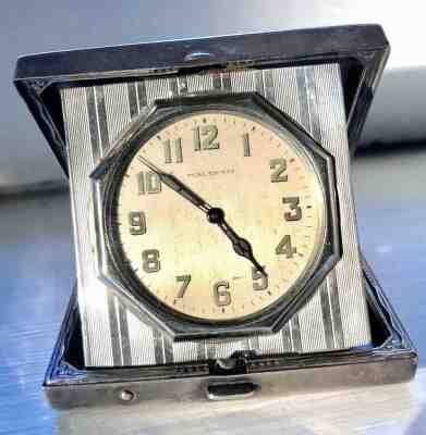 WALTHAM Elgin Clock Desk Travel Vintage ART DECO Sterling Silver Case WORKS