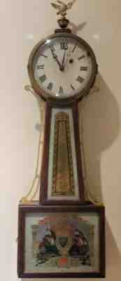 Antique 1830 HORACE TIFT Weight Driven Early American Patriotic Banjo Wall Clock