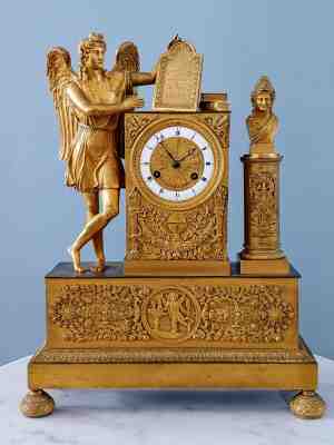 1815-1830 French Empire Gilt Bronze Figural Clock w/ Winged God and Athena Bust