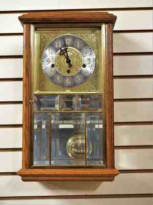 NEW ANSONIA KEY WOUND GOLDEN OAK TRIPLE CHIME 8 DAY WALL CLOCK
