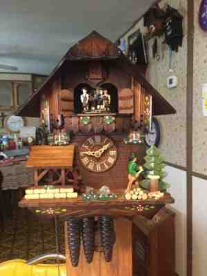 Vintage Rare  Schneider Musical Dancer Waterwheel WoodChop Chalet Cuckoo Clock
