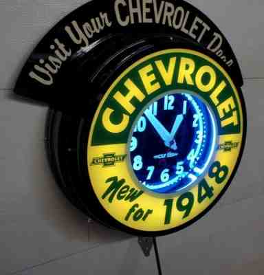 A 22" Deluxe, Twin Tube. Chevy.Dealers,  Neon Clock, 1948.  Curtis