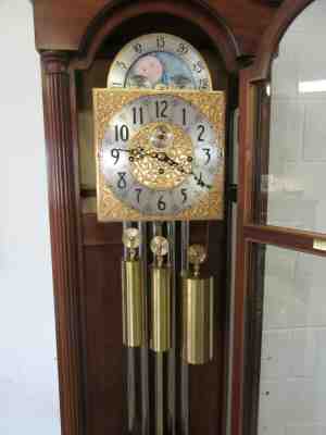 HERSCHEDE GRANDFATHER  HALL CLOCK 3 WEIGHT 5 TUBULAR BELL CHIME CIRCA 1975 NICE!