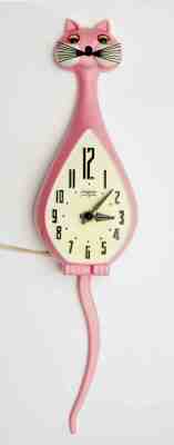 VINTAGE MCM SPARTUS PINK CAT KITTY MOTION WALL CLOCK WORKING MOVING EYES TAIL 