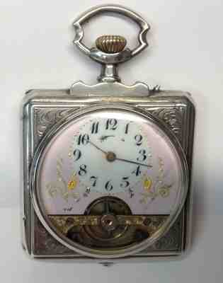 Antique Silver Swiss 8 day alarm travel clock, Hebdomas style circa 1910