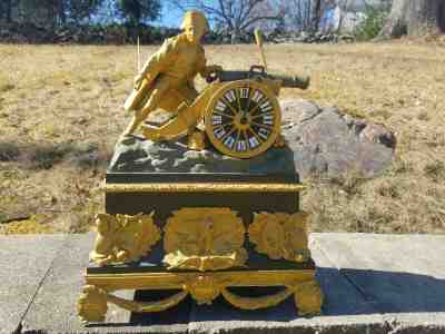 French Patinated Gilt Bronze Napoleon Clock Ormolu battle war cannon Empire 