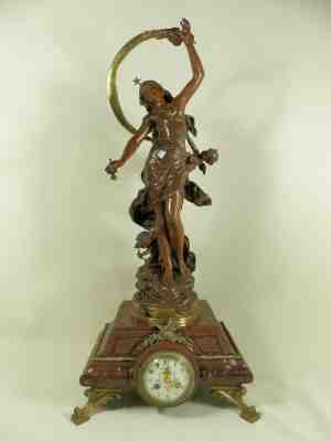 Antique marble clock with Bronze Statue by LOUIS AUGUSTE MOREAU “NUIT D’ETE” 
