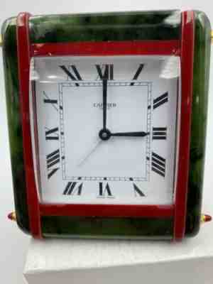 Cartier Desk Alarm Clock Roman Numeral Gemstone Case Nephrite & Carnelian Stone