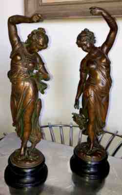 Antique Ansonia Garniture Mystery Clock Statues- Fisher And Huntress