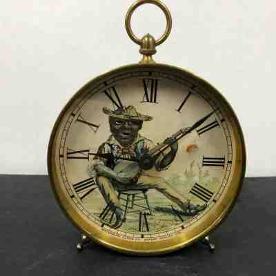 ORIGINAL 1870'S BLACK BANJO PLAYER DOUBLE ANIMATED WIND UP CLOCK