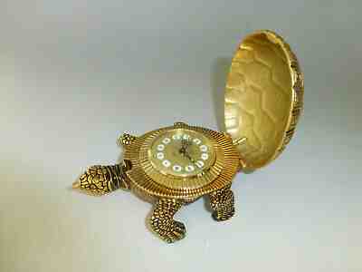 Vintage Swiss Looping Gold Tone Metal Turtle Tortoise Ornament 8Day Alarm Clock 