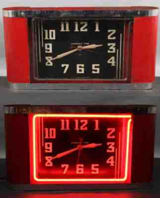 Large Antique Art Deco New York Correct Time, Red Neon Mantle Clock, Working!