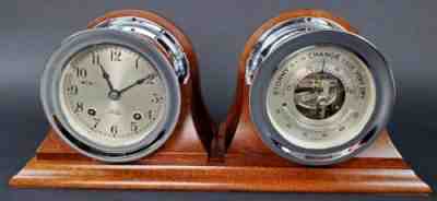 CHELSEA SHIPS BELL CLOCK & BAROMETER 1950's w/ NICKEL PLATED CASE & WOODEN STAND